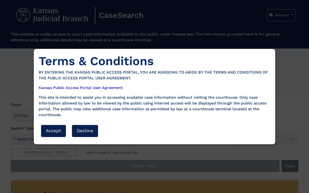 Kansas CaseSearch interface for Rice County arrest news court disposition checks