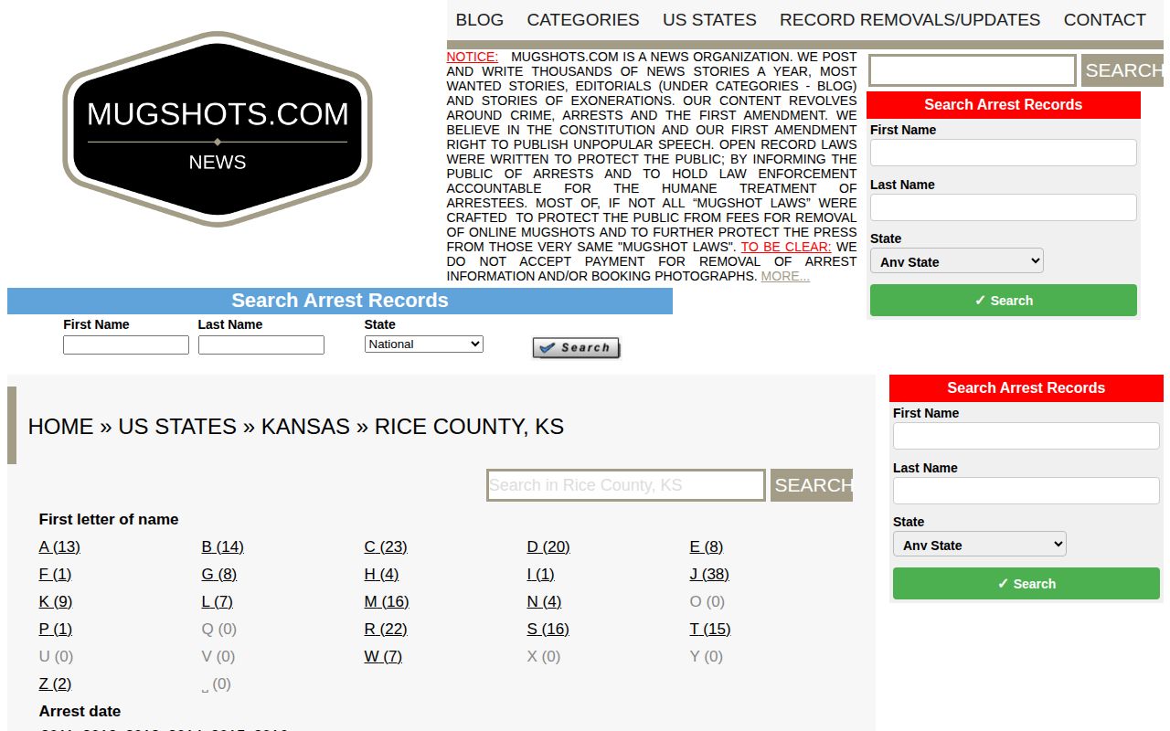 Unofficial Mugshots.com Rice County Kansas crime and booking records page