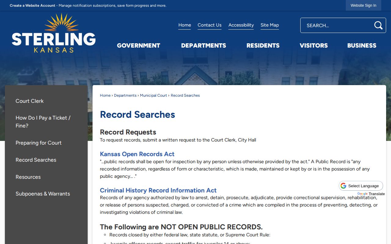 Sterling written municipal court and police record request route